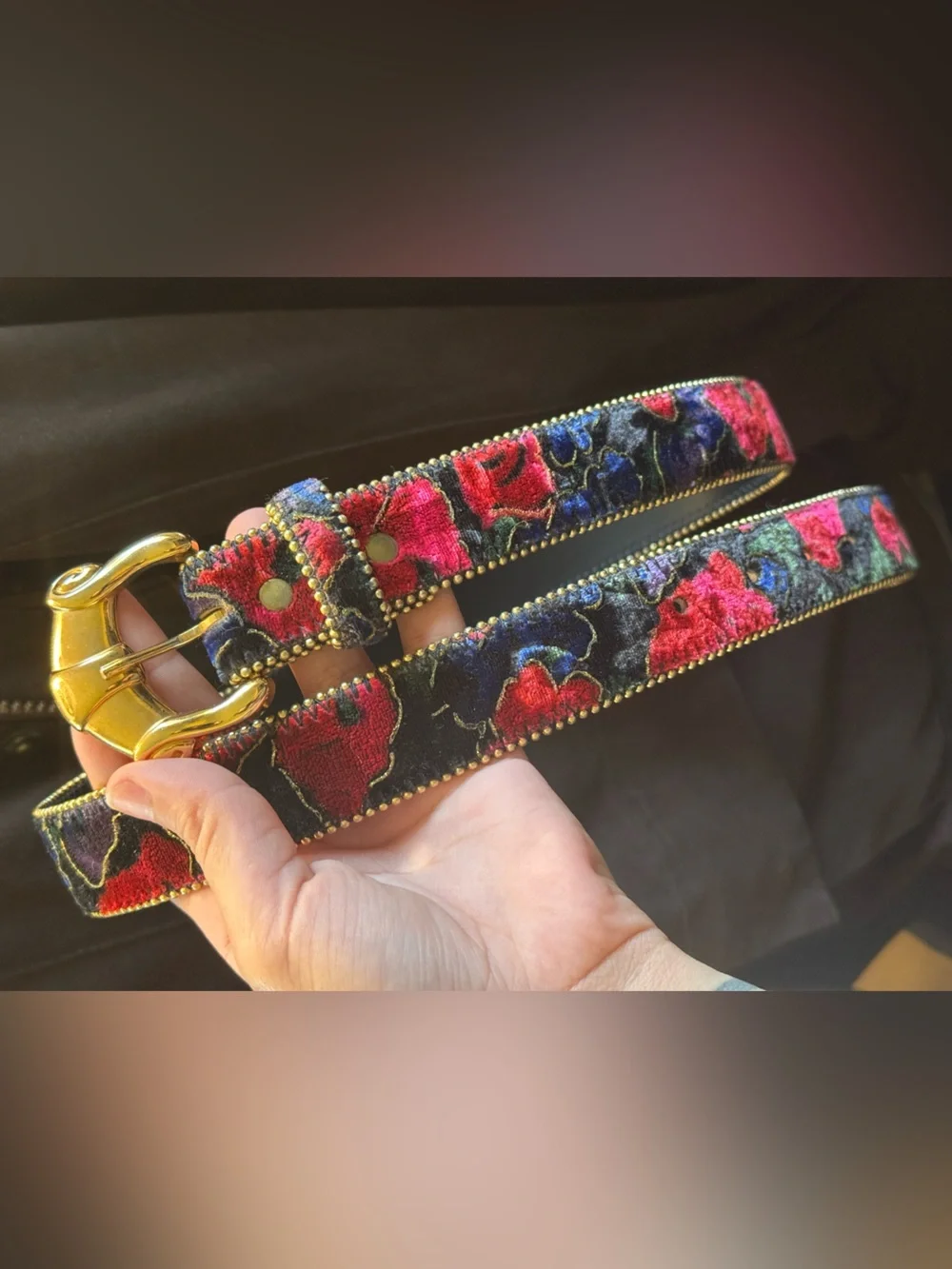 Vintage 1990’s Tapestry & Leather Belt With Gold Buckle